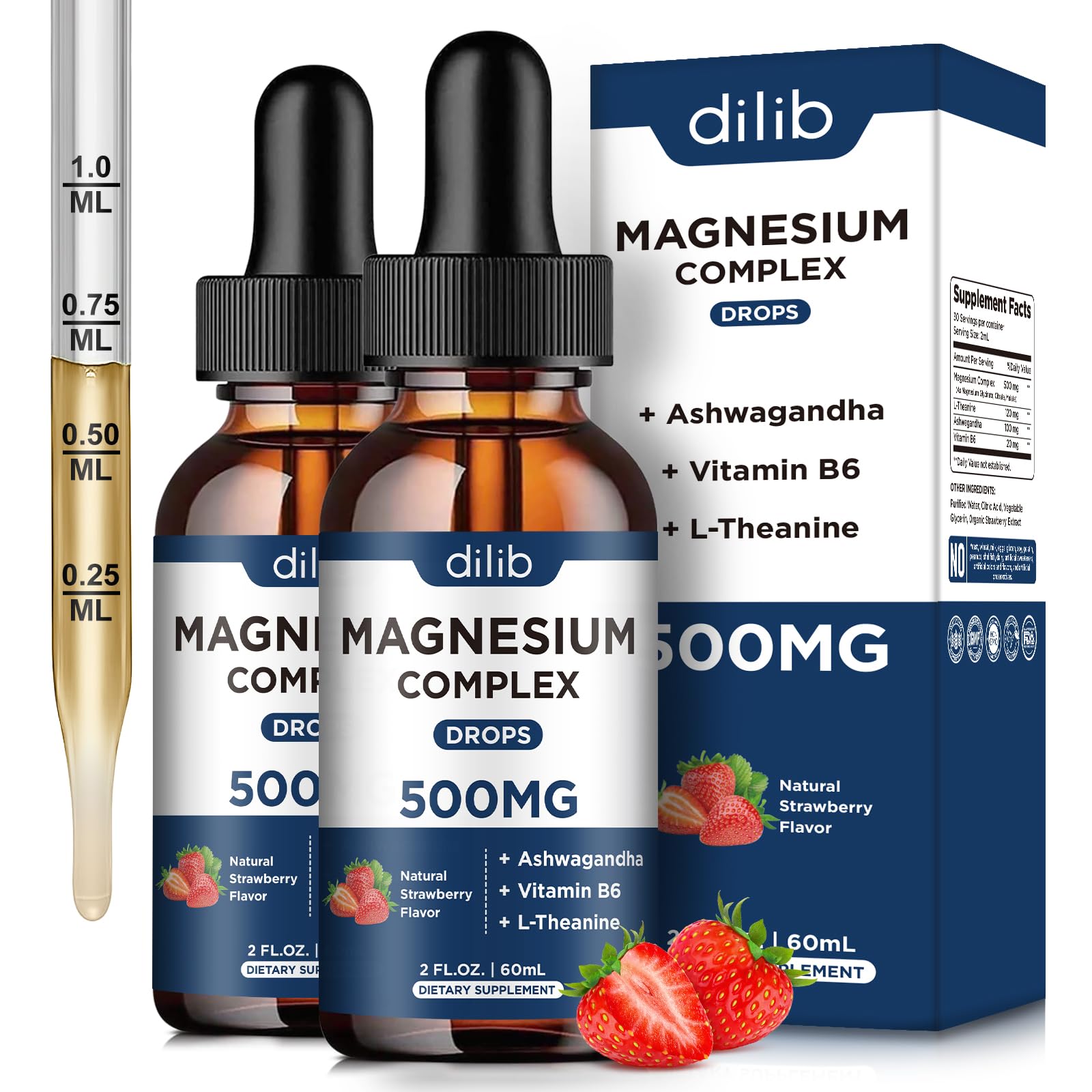 Magnesium Glycinate Liquid Drops 500mg - Triple Magnesium Complex Supplement with Citrate, Malate, Ashwagandha, L-Theanine, Vitamin B6 for Sleep, Stress Relief, Muscle, Strawberry Flavor 4 Fl Oz Strawberry 2 Fl Oz (Pack of 2)