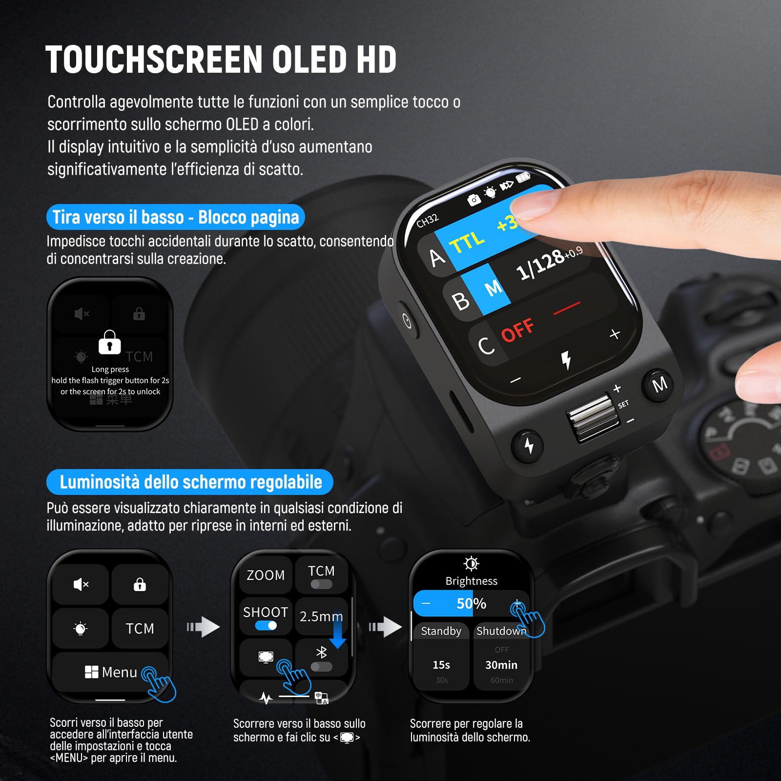 NEEWER QZ-C Trigger Flash Wireless 2.4G TTL Compatibile Con Canon, Godox IT32 V1 V100 AD200 Pro II, Trasmettitore Flash Hot Shoe Con Touchscreen OLED, 1/8000s HSS, Batteria 1000mAh, Interruttore CM