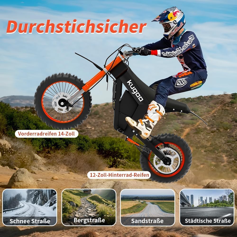 3000W Offroad E-Motorrad Erwachsene - 14 Zoll & 12 Zoll Fat Tire Dirt Bike, 48V21Ah Akku (65Nm) für Sand/Schnee/Berg, IPX6 wasserdicht,2 Jahre Garantie