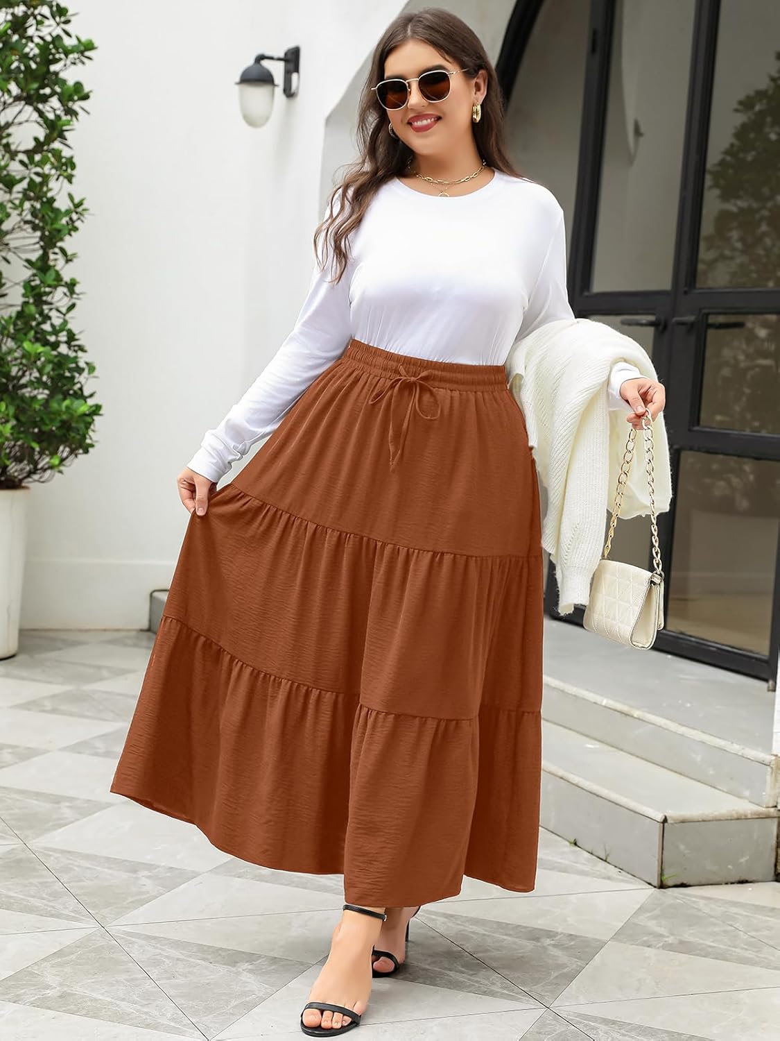 Women's Plus Size Long Maxi Skirt 1x-4x Elastic Waist Tie Drawstring Crinkle Flowy A-line Skirts with Pockets - Image 3