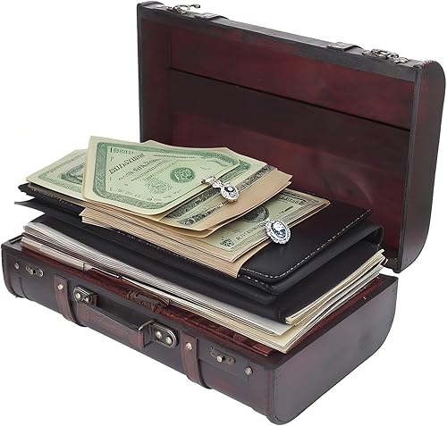 Maleta de madera de 14.9 x 9 x 5.3 pulgadas, estilo vintage, estilo antiguo, cofre del tesoro pirata, estilo vintage, caja de decoración para