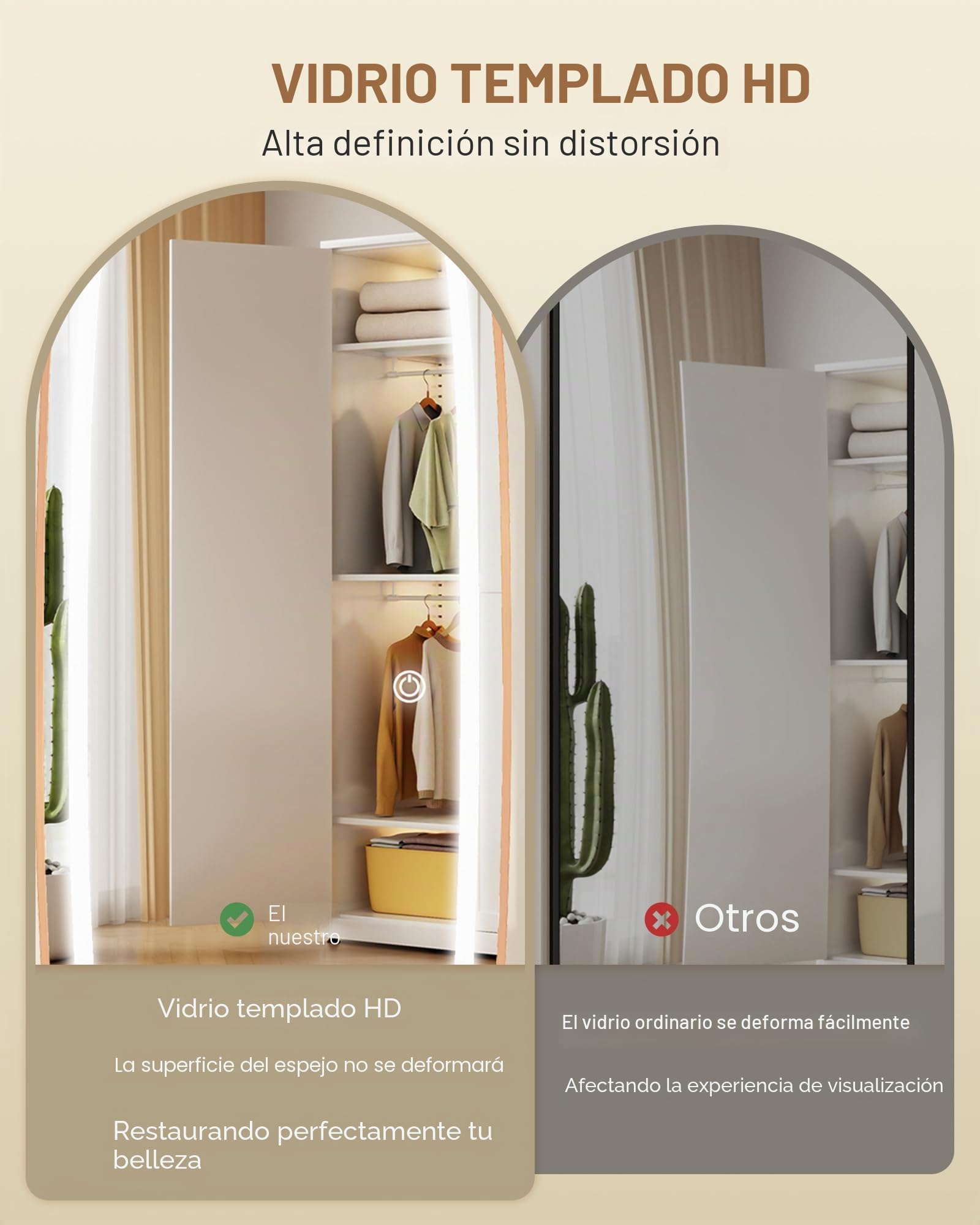 Hzuaneri Espejo de Cuerpo Entero con Luz LED 160x50 cm Espejo de Pie Curvo 3 Colores de Luz Brillo Ajustable Dorado
