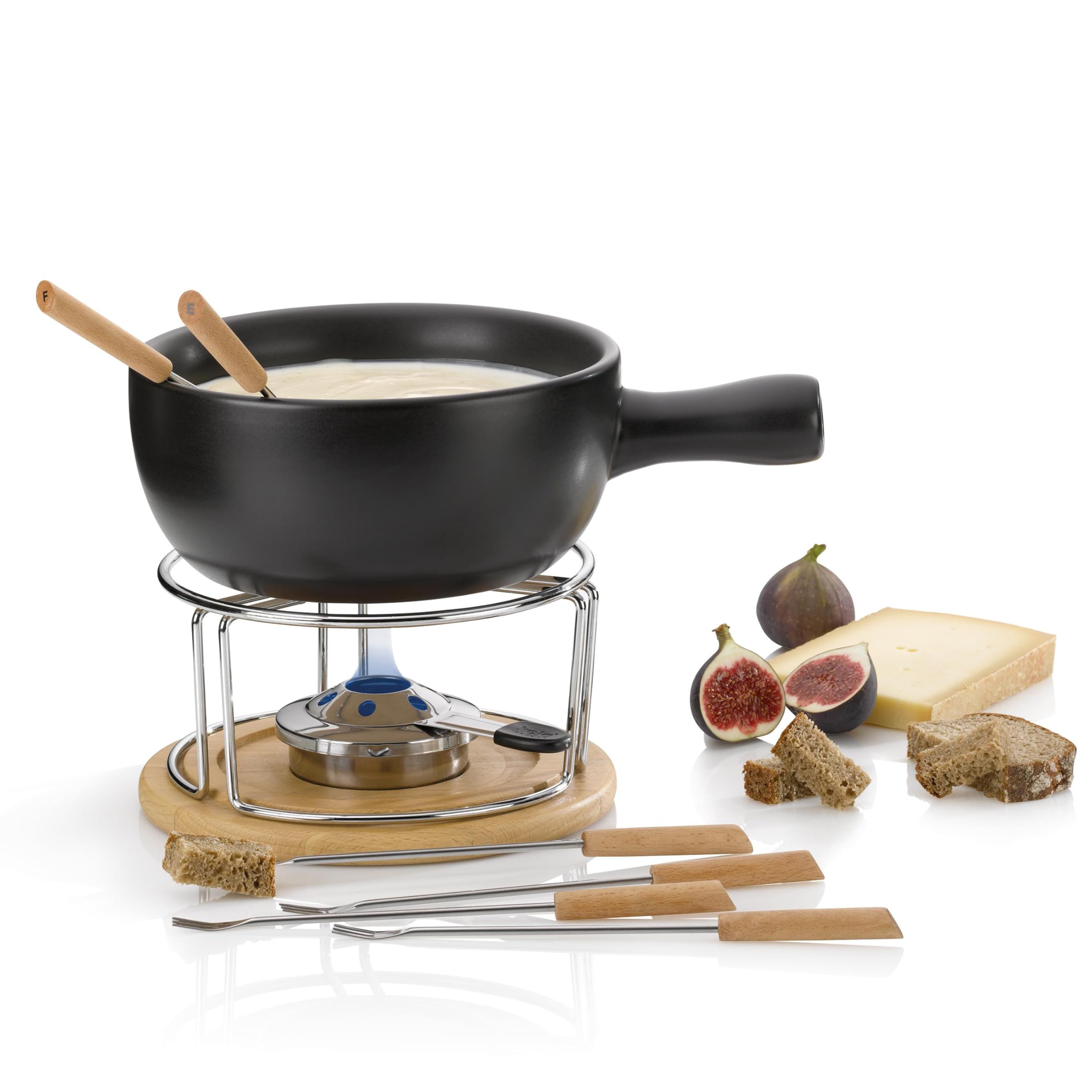 kela Käsefondue Set 10tlg, Keramik Fondue für 6 Personen NATURA, Käse Fondueset mit Brennpastenhalter, Gabeln, Gabelhalter
