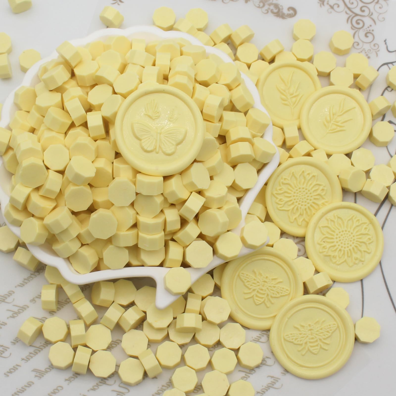 360pcs Light Yellow Sealing Wax Beads, Andotopee Premium Wax Seal Beads for Stamp Seals, Octagon Wax Sealing Pellets Refill Pack for Wax Seal Kit, Wedding Invitation, Letter Envelope Seal, DIY Crafts