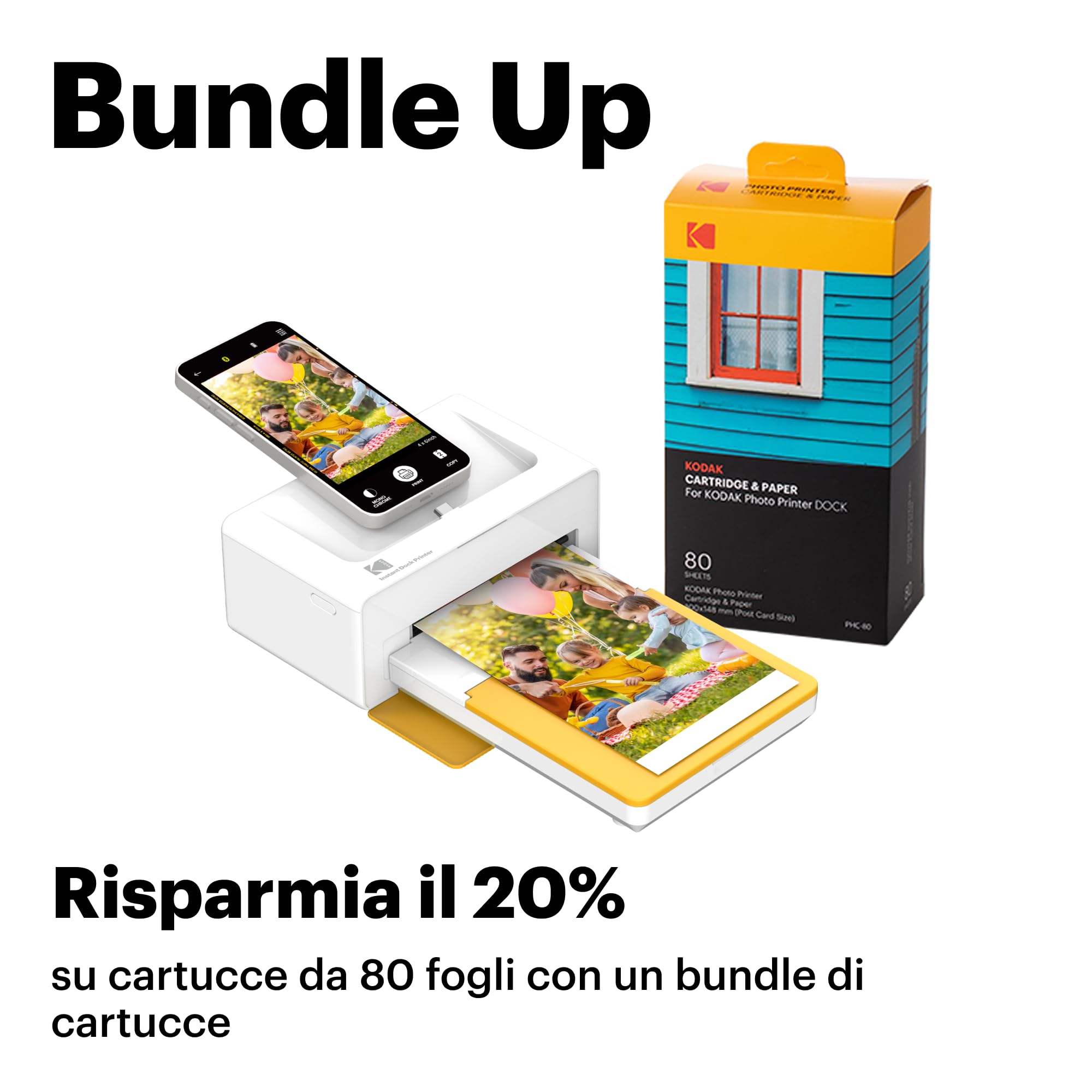 Kodak Dock Plus PD460, stampante fotografica portatile per smartphone, stampa istantanea, 10 x 15 cm, iOS e Android, Bluetooth & Docking, confezione da 80 + 10 carte fotografiche, giallo e