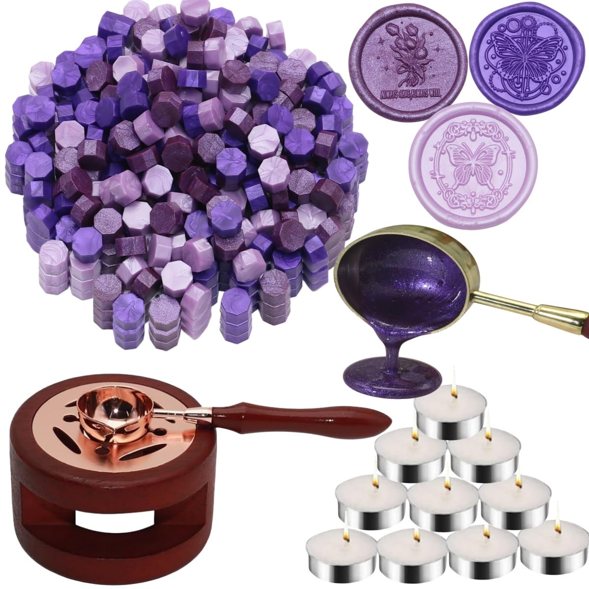 Sealing Wax Beads Kit, Atopbb 300pcs Mixed Red Color Wax Seal Beads, 1pcs Wooden WaxSeal Warmer, 1pcs Melted Spoon and 10pcs Tea Candles for WaxSealing Stamp Kit (300, Purple) โ image 1