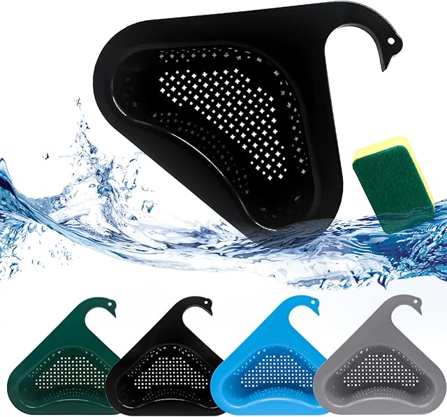 Sink Drain Basket, 4Pack Swan Drain Basket Strainer, Corner Kitchen Sink Strainer Drain Cover Multifunctional Hanging Filtering Triangular Drain Shelf, Easy to Disassemble Fits All Sinks