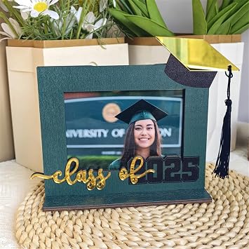 Graduation Picture Frame, Class of 2025 Wooden Graduation Photo Frame with Tassel Holder & Graduation Cap Pattern, Fit 5 x 3 Photo, Graduation Gifts for High School College Green