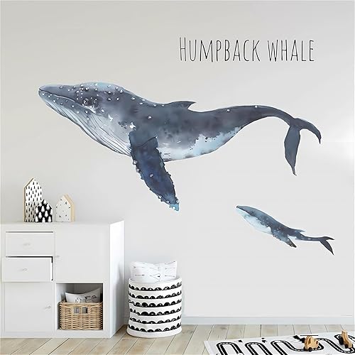 Miniatura 5 de sacinora - Calcomanías de pared de ballena jorobada, calcomanías de pared de animales marinos azules extraíbles, vinilo extraíble para sala de