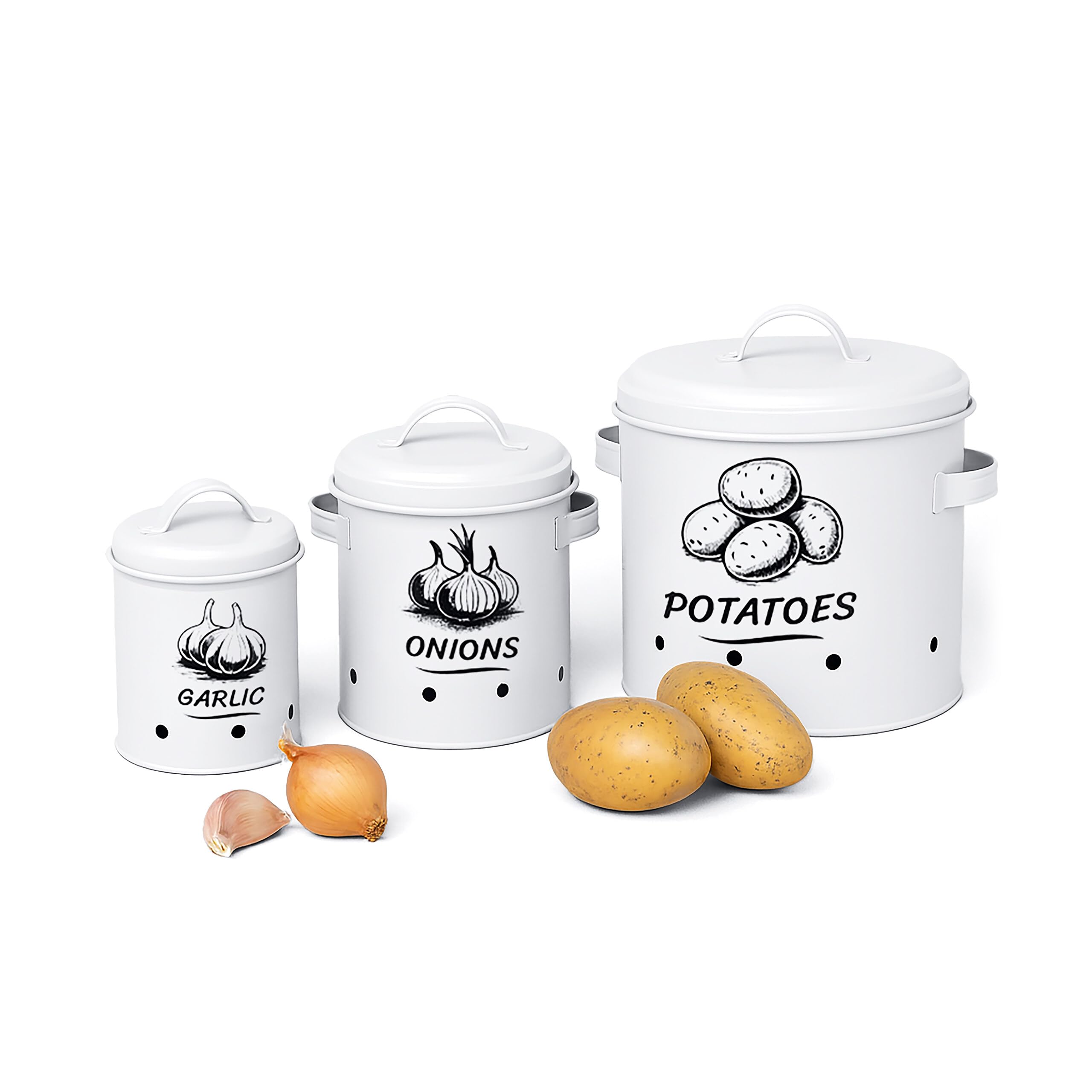 Relaxdays Potato Storage Boxes, Onions, Garlic, Set of 3, with Lids & Air Holes, Metal, White