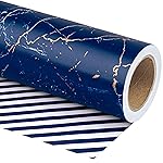 WRAPAHOLIC Reversible Wrapping Paper - Mini Roll - 17 Inch X 33 Feet - Blue Marble with Stripes Design for Birthday, Holiday, Wedding, Baby Shower