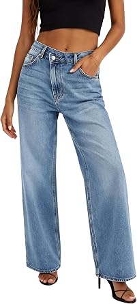 HDLTE Baggy Wide Leg Jeans Criss Cross Non-Stretch Fabric High Waist Loose YKK Zipper for All Leg Types Suitable for All Kinds of People,Indigo