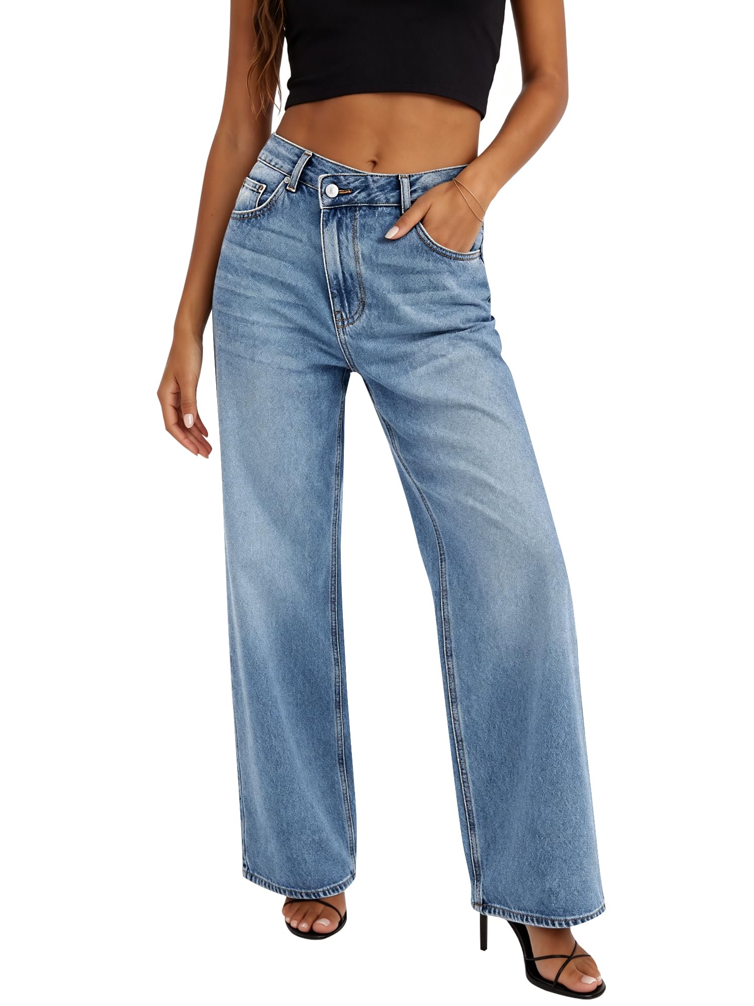Straight Leg Jeans for Women, High Waisted Wide Leg Jeans Loose Stretchy Denim Pants Trousers Trendy with Pockets