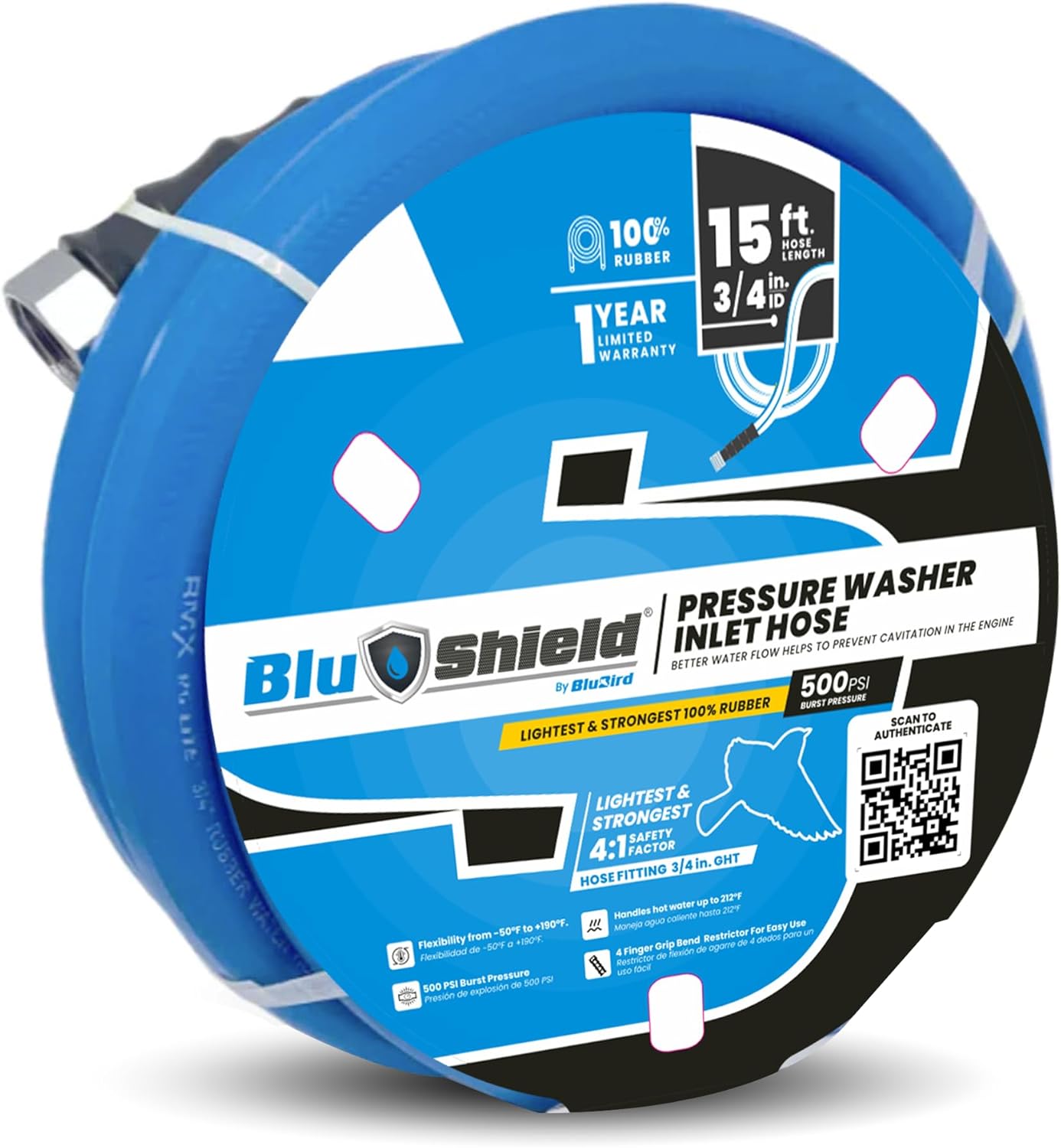 BluShield 3/4" Pressure Washer Inlet Hose with GHT Fittings (15 Feet)