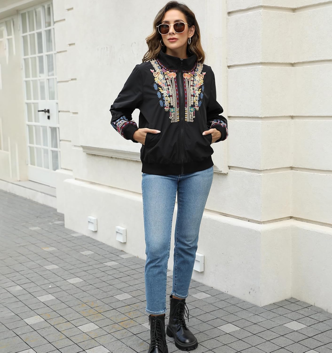 Higustar embroidery Jackets for Women Bomber Satin Floral Embroidered Mexican Style Outwear Jacket Spring Fall Zip Up Coat