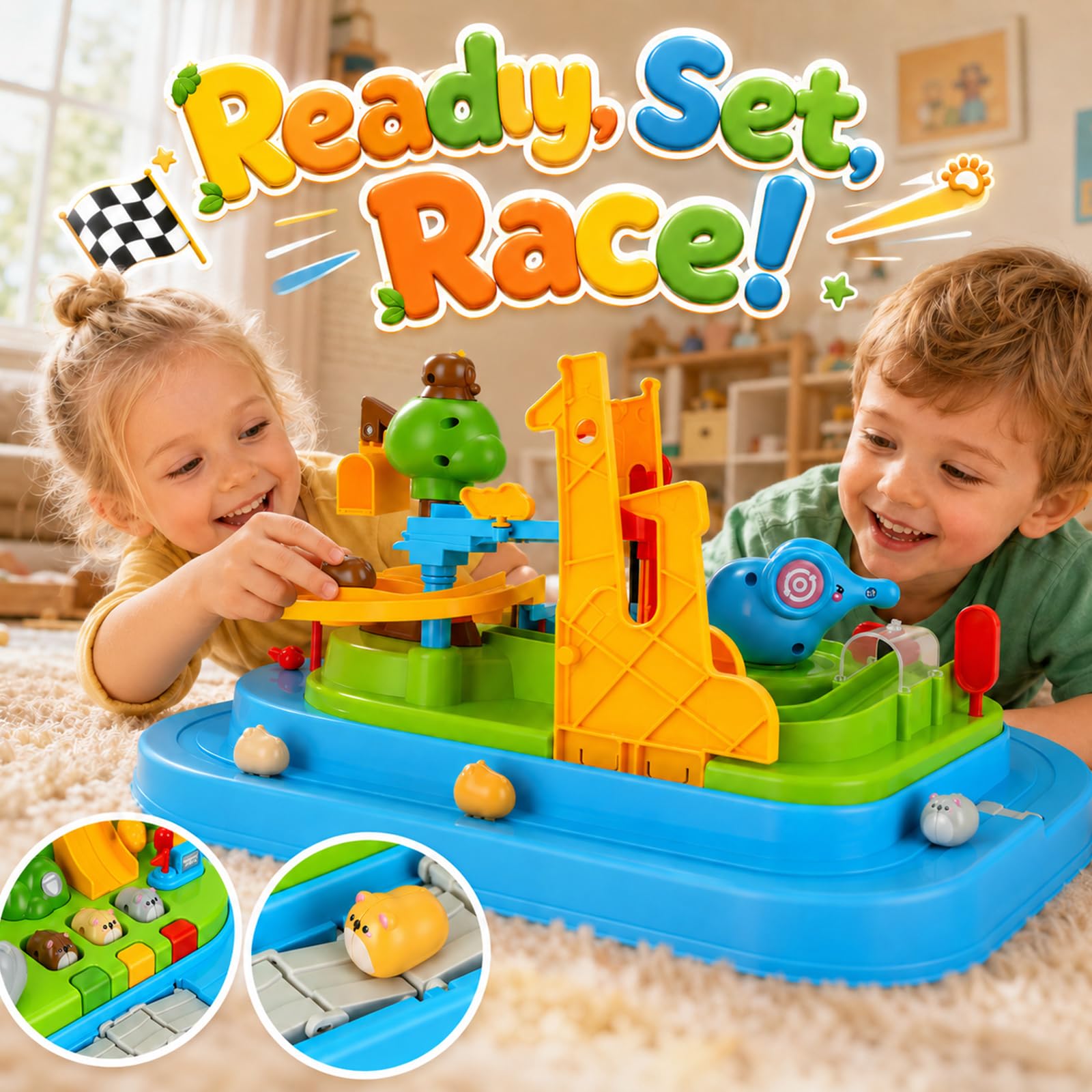 Juego de coches de aventura en pista de carreras de automóviles: vehículos magnéticos para hámsters – 20 etapas de aventura de parque de animales sin baterías, juguete educativo mecánico STEM para