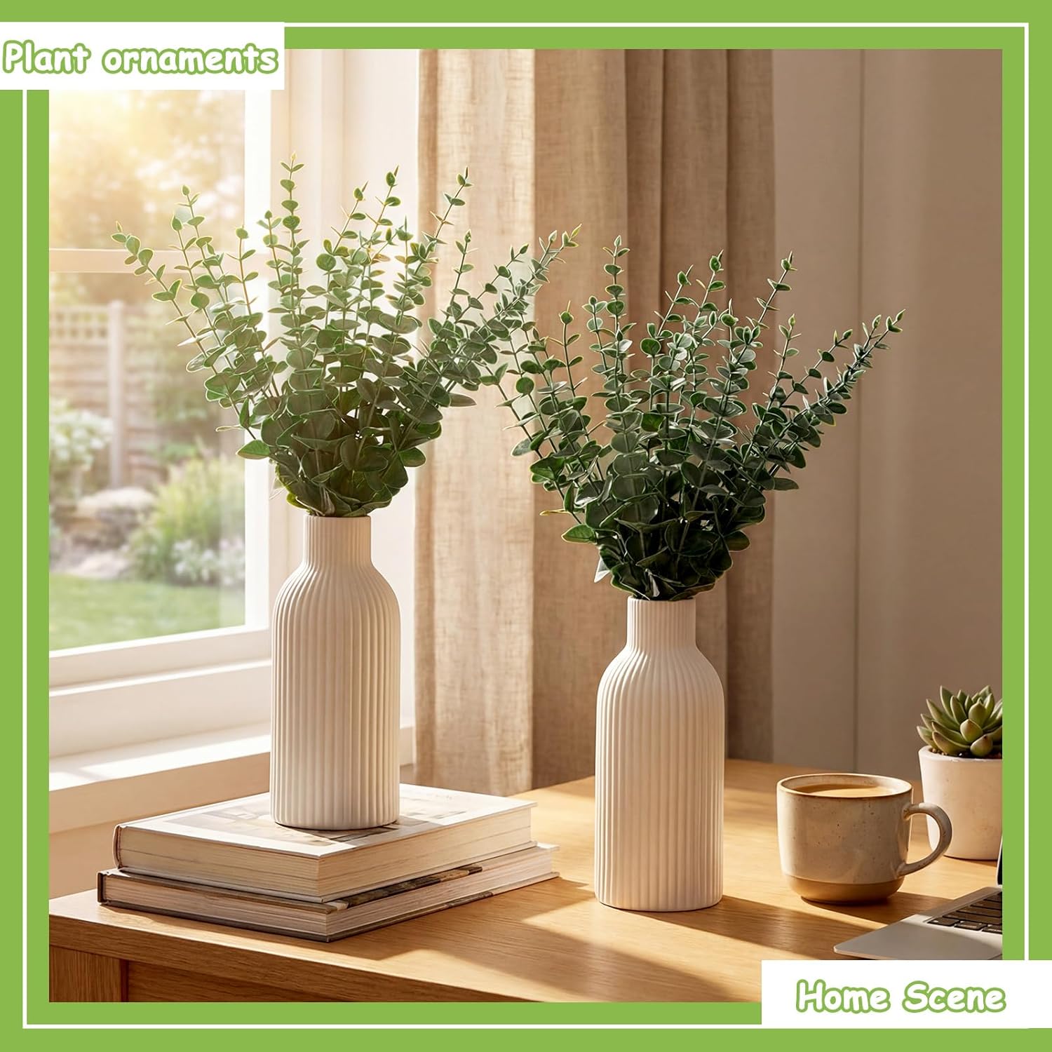 LemonRoad 2 Pack Artificial Eucalyptus Stem in Ceramic Vase 19" Fake Greenery Plants for Home Decor 40 Pcs Modern Indoor Fake Eucalyptus Stem for Table Centerpiece Living Room Bathroom