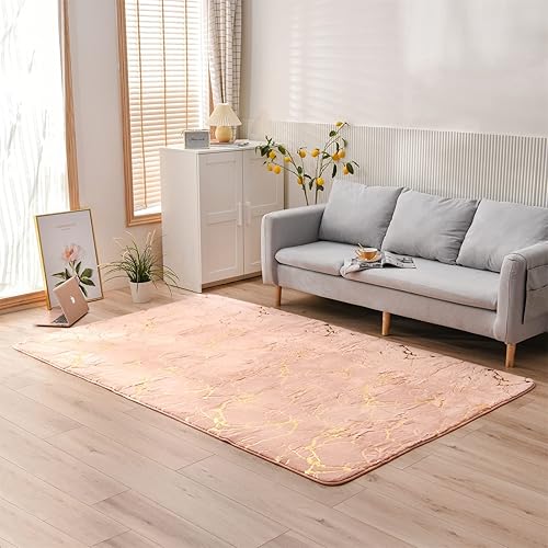 Miniatura 2 de Aimuan Alfombra rosa suave con mármol dorado metálico con purpurina para el cuarto del bebé, alfombra moderna de piel sintética de conejo, alfombra