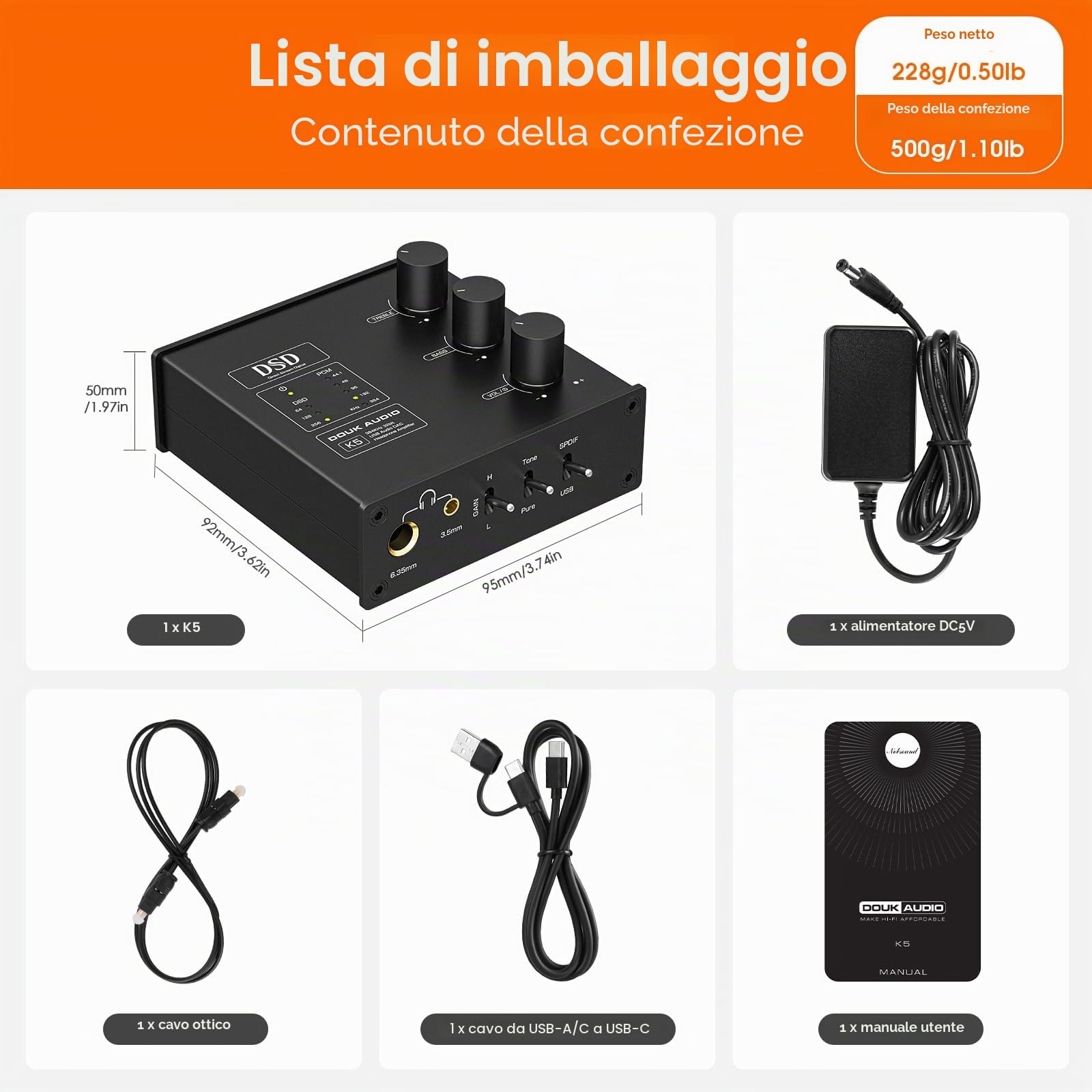 Douk Audio K5 PC DAC - Amplificatore per cuffie con USB e ingresso ottico DSD256 per amplificatore, altoparlante, Mac, computer