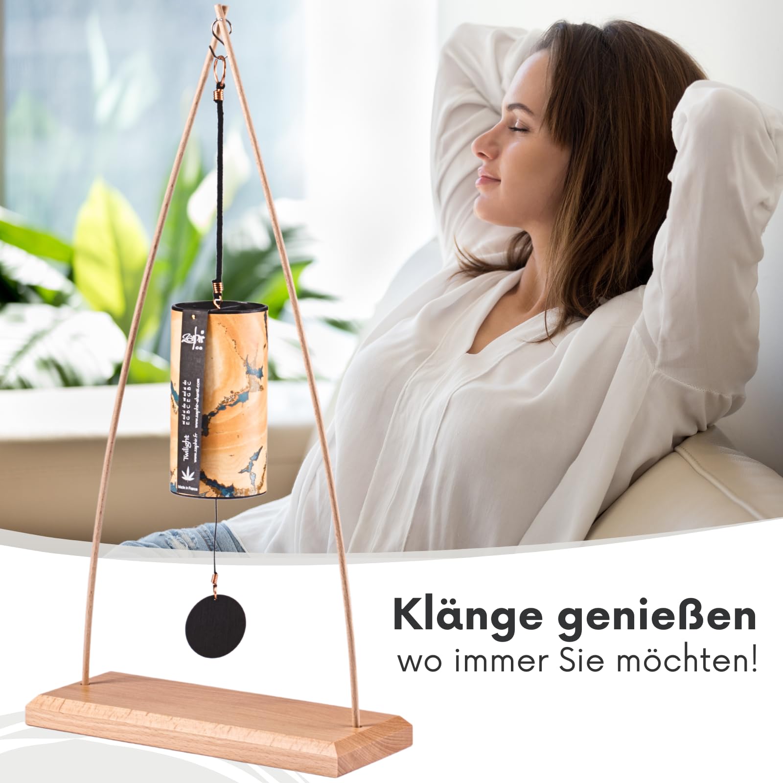 Zaphir Klangspiel Twilight Herbst mit Ständer - Klangspielständer Tipi aus Buchenholz - 50 cm Höhe für Yoga, Kinder zur Entspannung und Meditieren