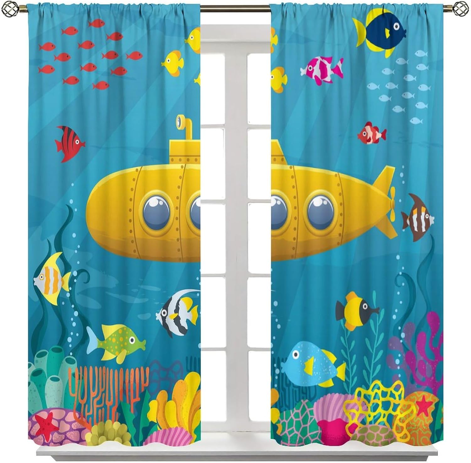 Boy Window Curtains Submarine Window Drapes Yacht Window Treatments Underwater World Oasis Thermal Drapes for Kids Girls Toddler Teens Room Dorm Decor Set 2 Panels,72x63 Inches, Style-1