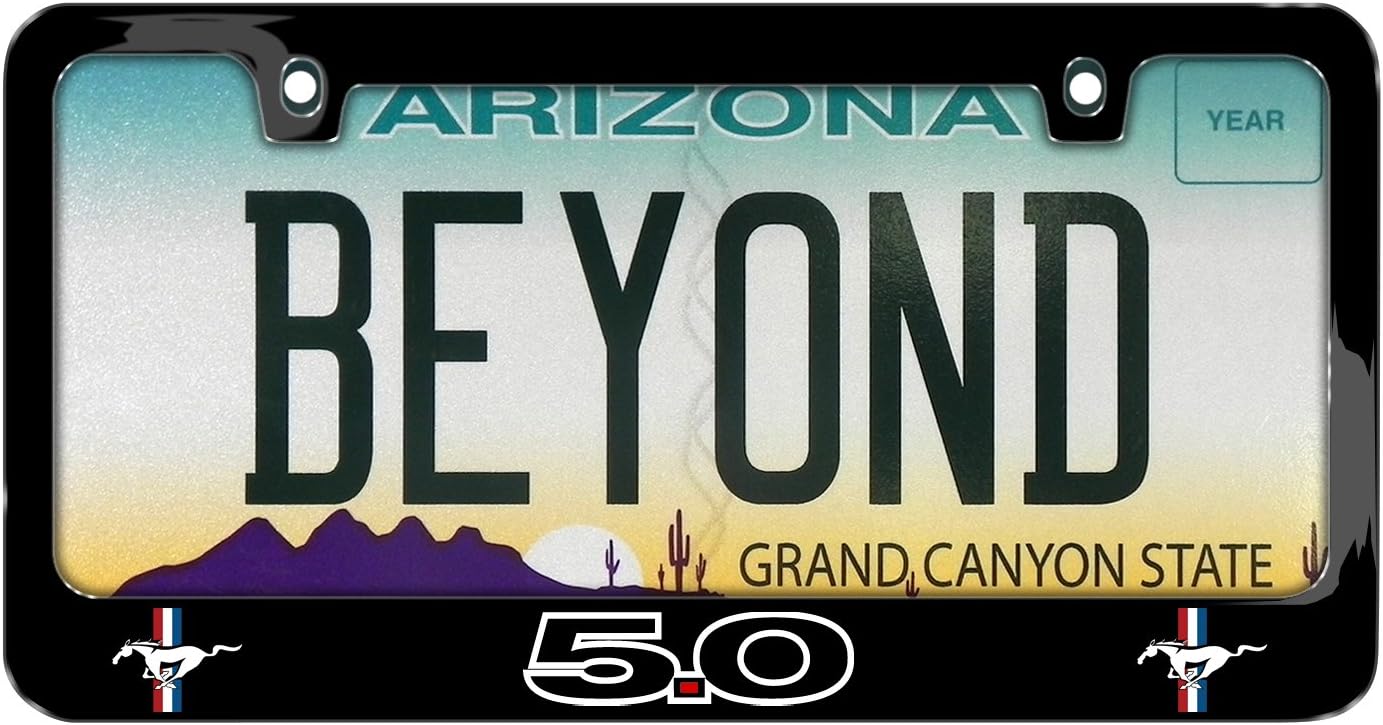 iPick Image Made for Ford Mustang 5.0 Outline Dual Logos Black Metal License Plate Frame