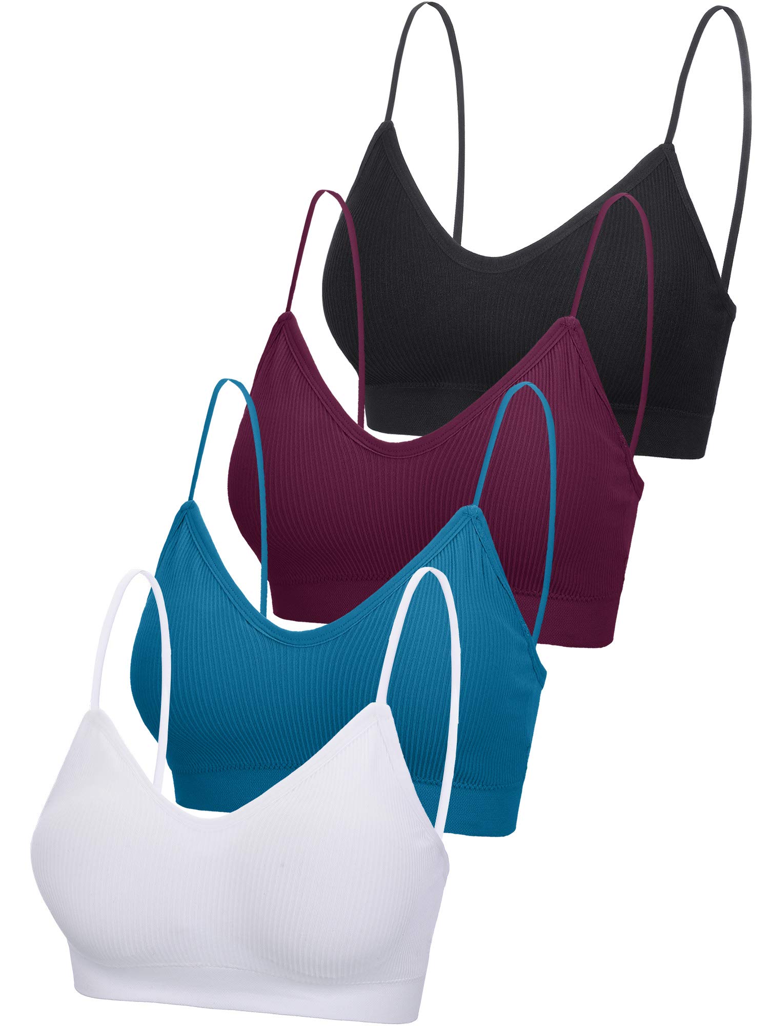 Photo 1 of 4 Pieces V Neck Cami Bra Padded Seamless Bralette Straps Sleeping Bra for Women Girls Large Black, Lake Blue, Purplish Red, White- size large 