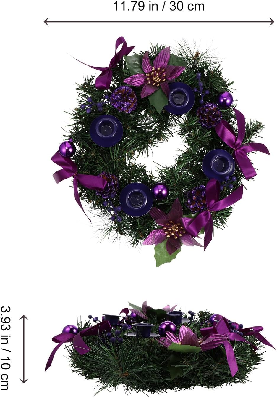 30cm Purple Xmas Candleholder Wreath Decorative Single-Headed Candlestick Stand Christmas Home Décor Seasonal Table Centerpiece