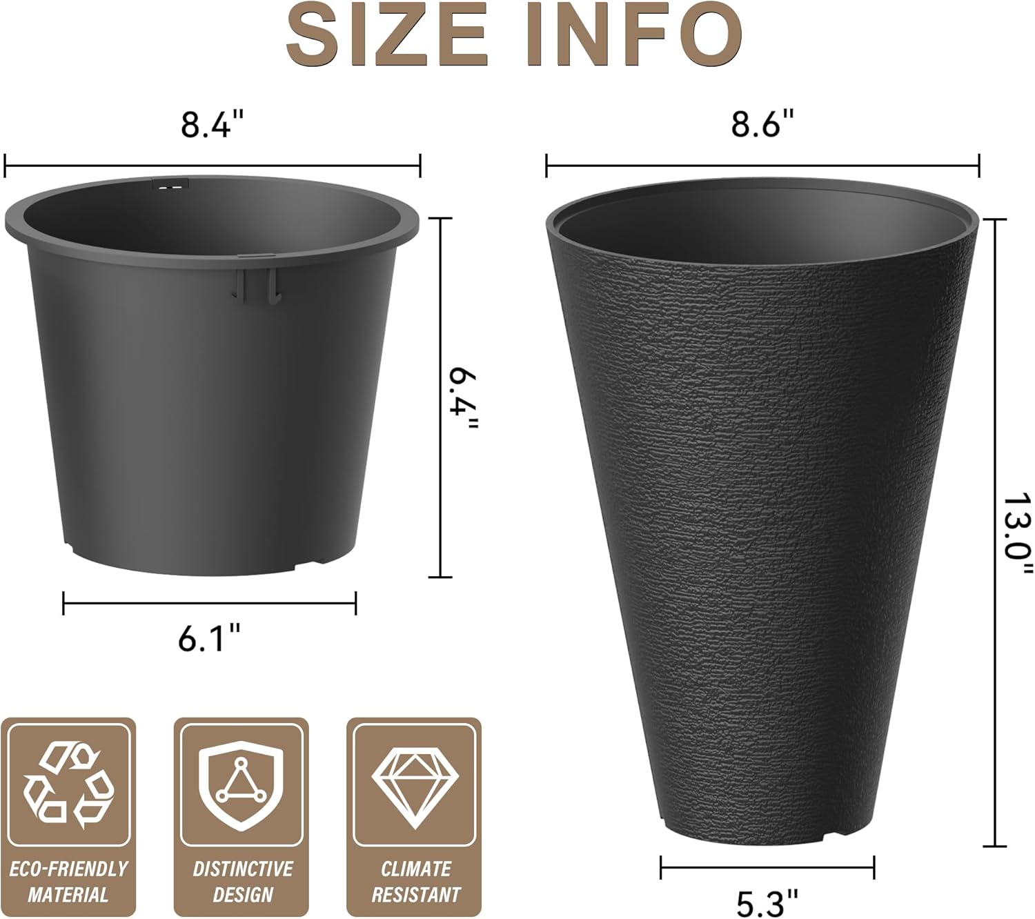 Kante Tall Round Planter Set of 2, 13 Inch Tall Decorative Planter Pots for Outdoor Indoor Garden Patio Front Porch (Brunish Black)