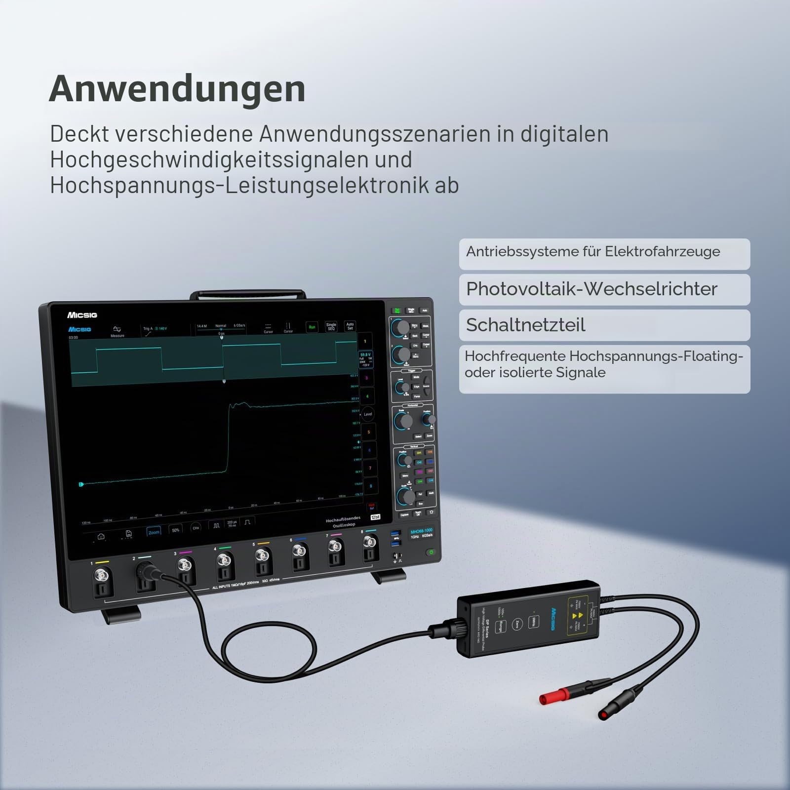 Micsig DP1500 Hochspannungs-Differenzsensoren-Sonden-Set, 3,5 ns, Dämpfungsrate 50X/500X, Oszilloskop-Sonden-Kit Zubehör, 1500 V 100 MHz, DP10013