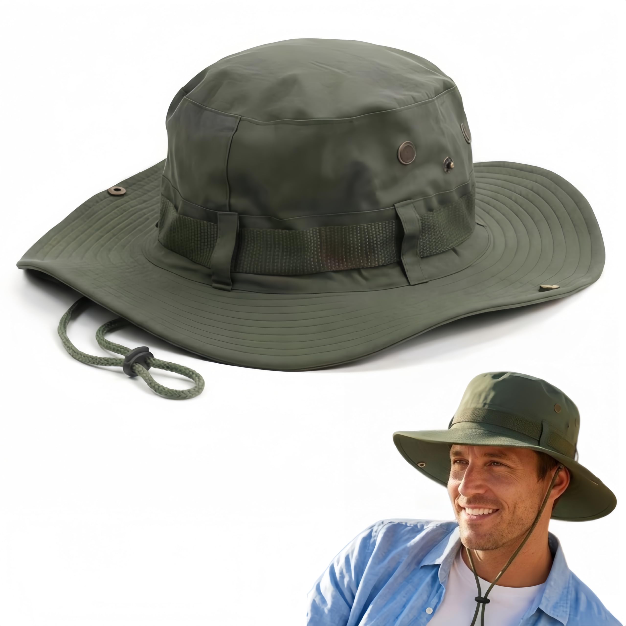 SDXCJY Adjustable Bucket Hat for Men Women, Wide Brim Foldable Safari Sun Hat, UV Protection Jungle Hat with Chin Strap for Fishing Hiking Beach Outdoor Activities. (Green)