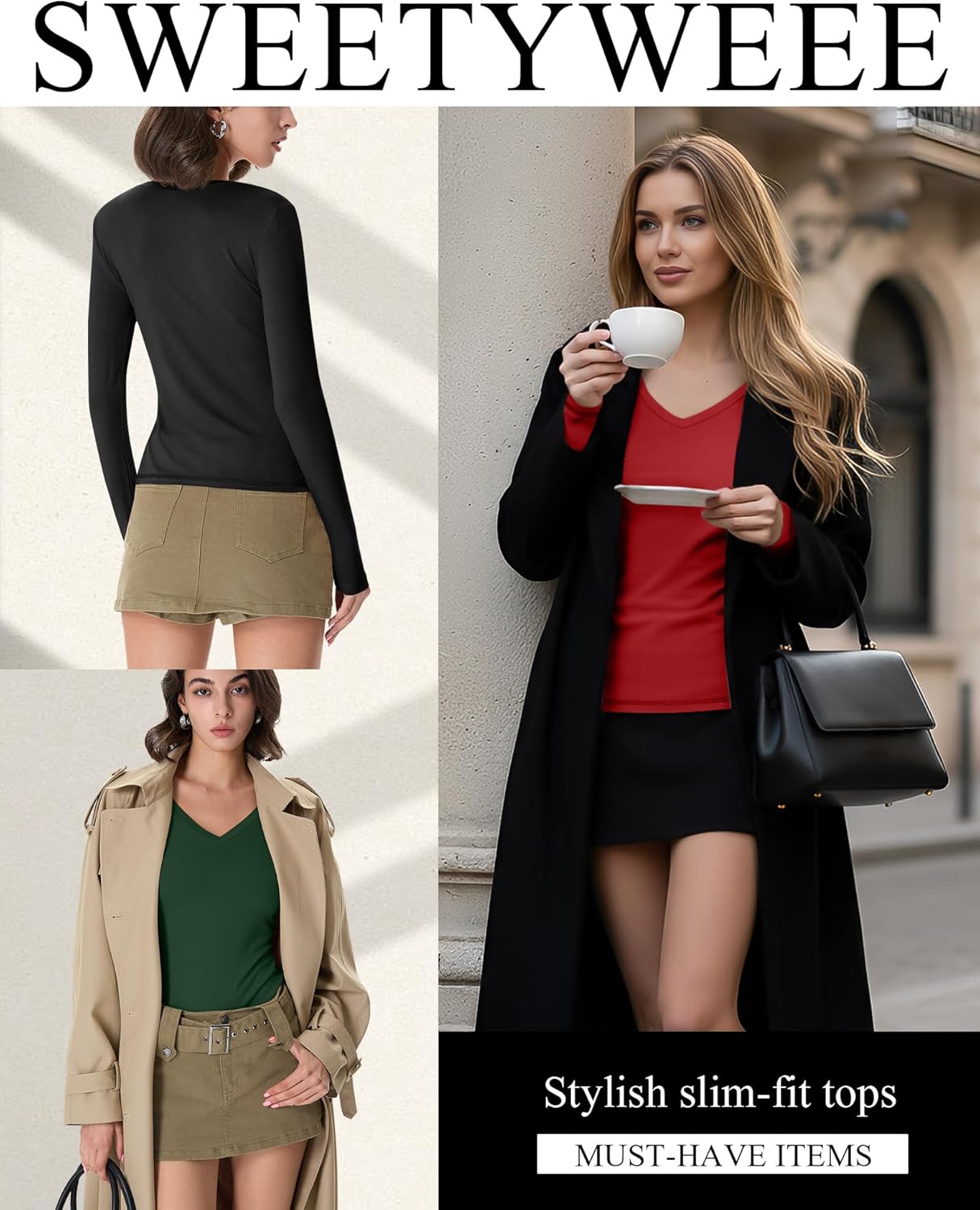 3 Pack Women's Long Sleeve Shirts V Neck Fitted Crop Tops Basic Tight Stretchy Tees Lightweight Layering Clothes - Image 5