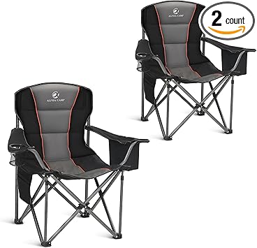 ALPHA CAMP Oversized Camping Folding Chair, Heavy Duty Support 450 LBS Steel Frame Collapsible Padded Arm Chair with Cup Holder Quad Lumbar Back, Portable for Outdoor