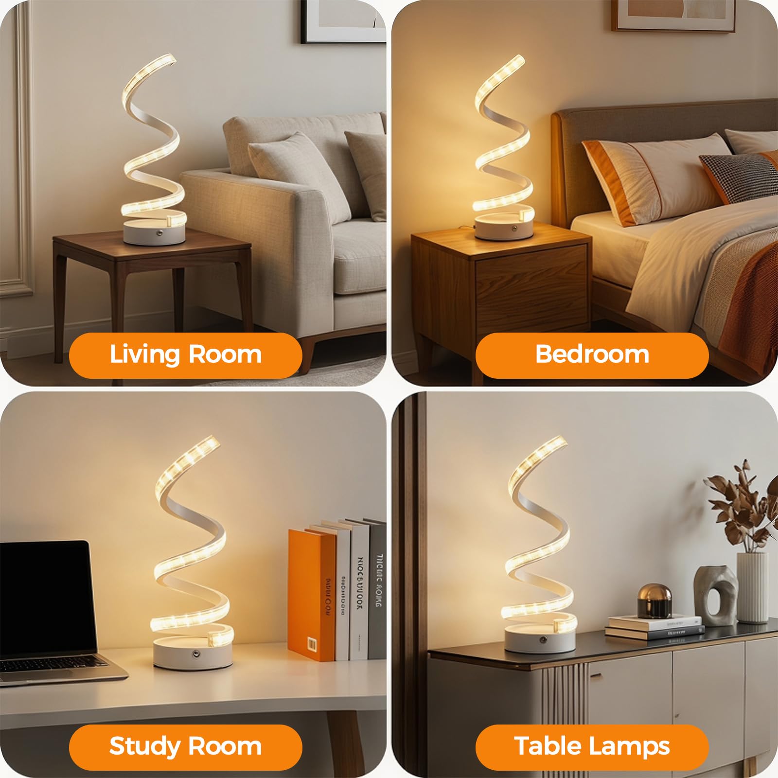 Set 2 Lampade da Tavolo LED a Spirale USB, Autonomia Wireless | ABS, Per Camera e Soggiorno, Touch Dimmer, 3 Temperature Colore, USB-C