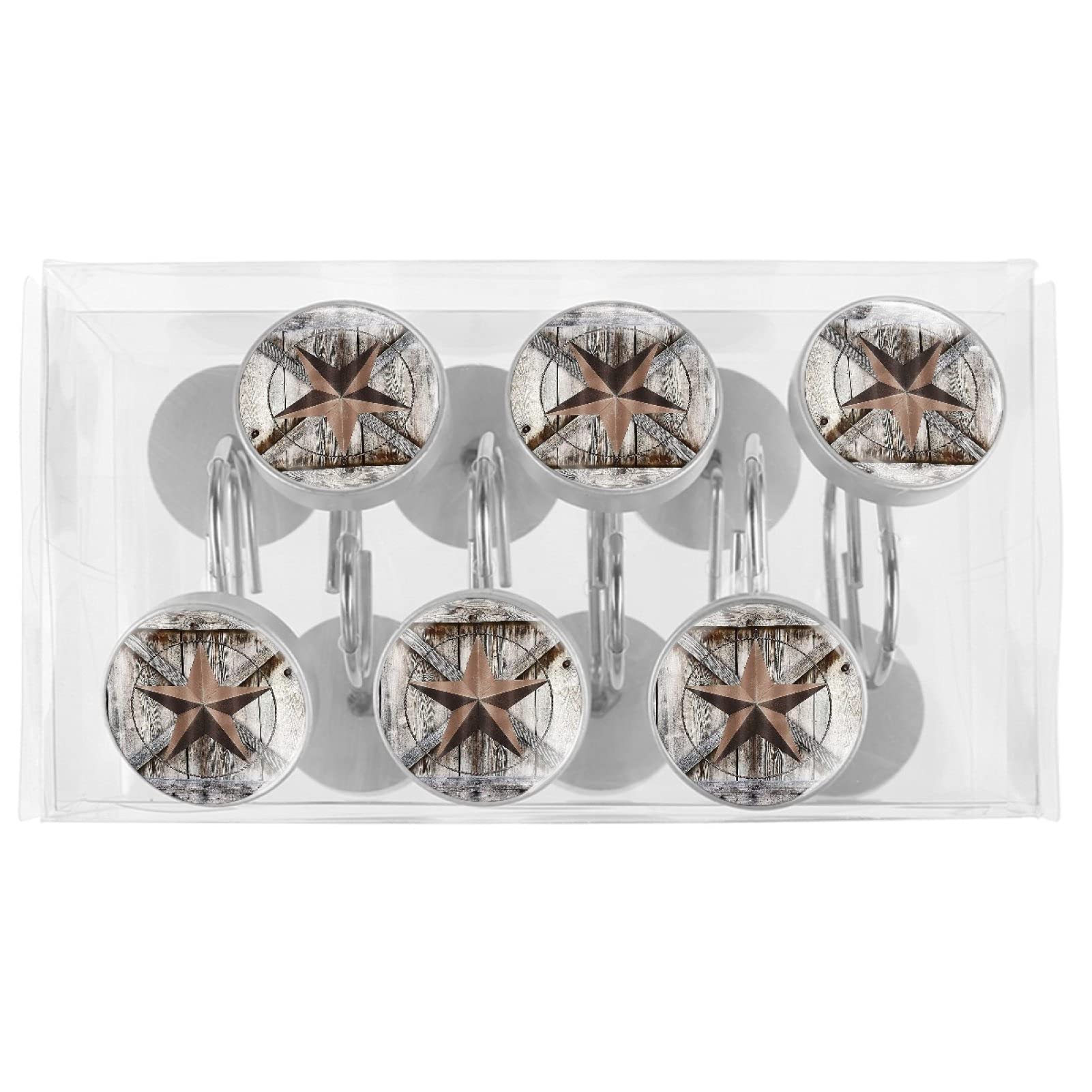 Western Texas Star - Ganchos para cortina de ducha, acero inoxidable, cristal, resina, juego de 12 anillos para cortina de ducha