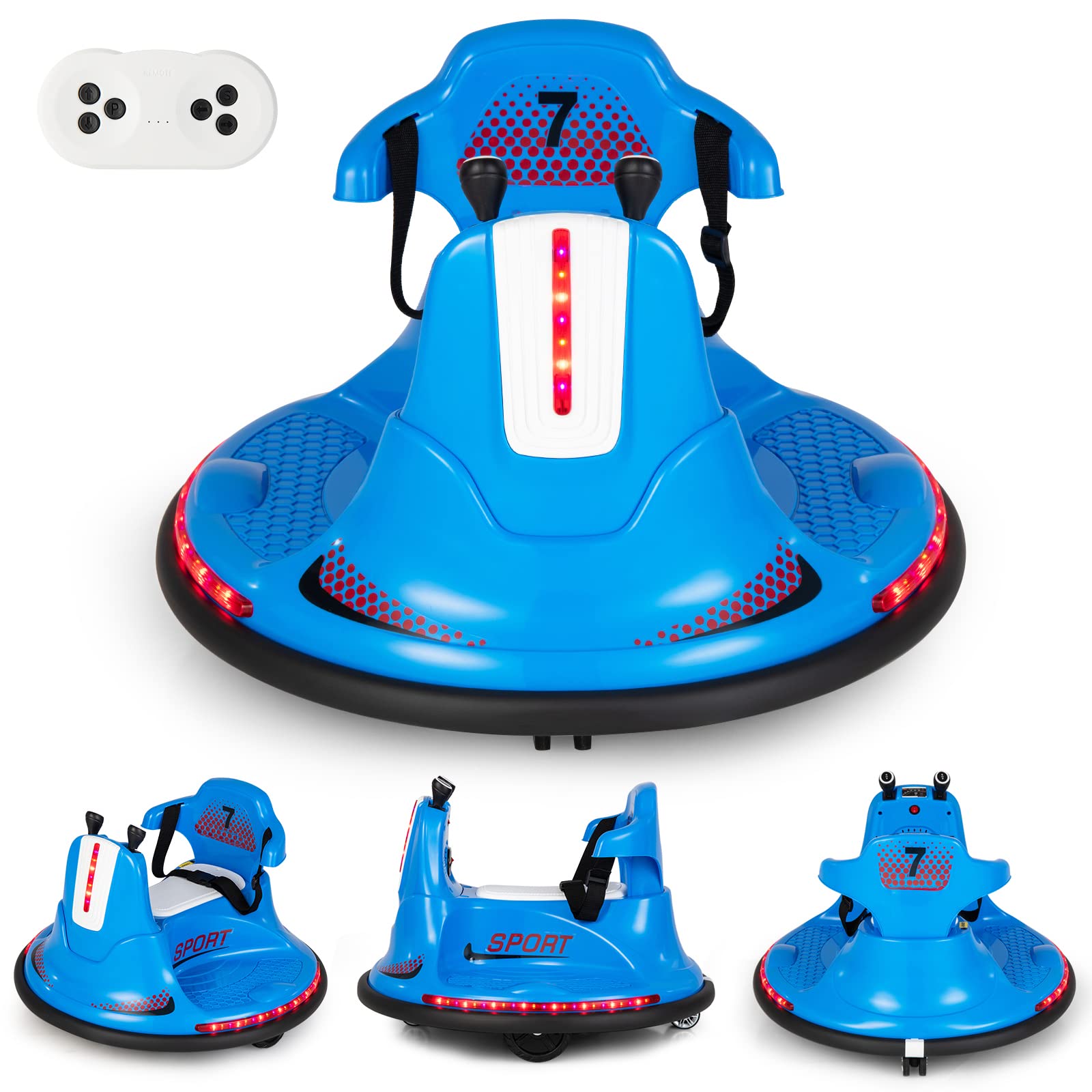 COSTWAY 6V Autoscontro Elettrico per Bambini, Veicolo Elettrico con Telecomando, Girevole a 360°, Luci LED Colorate e Cintura di Sicurezza Regolabile, 37-95 Mesi (Blu)
