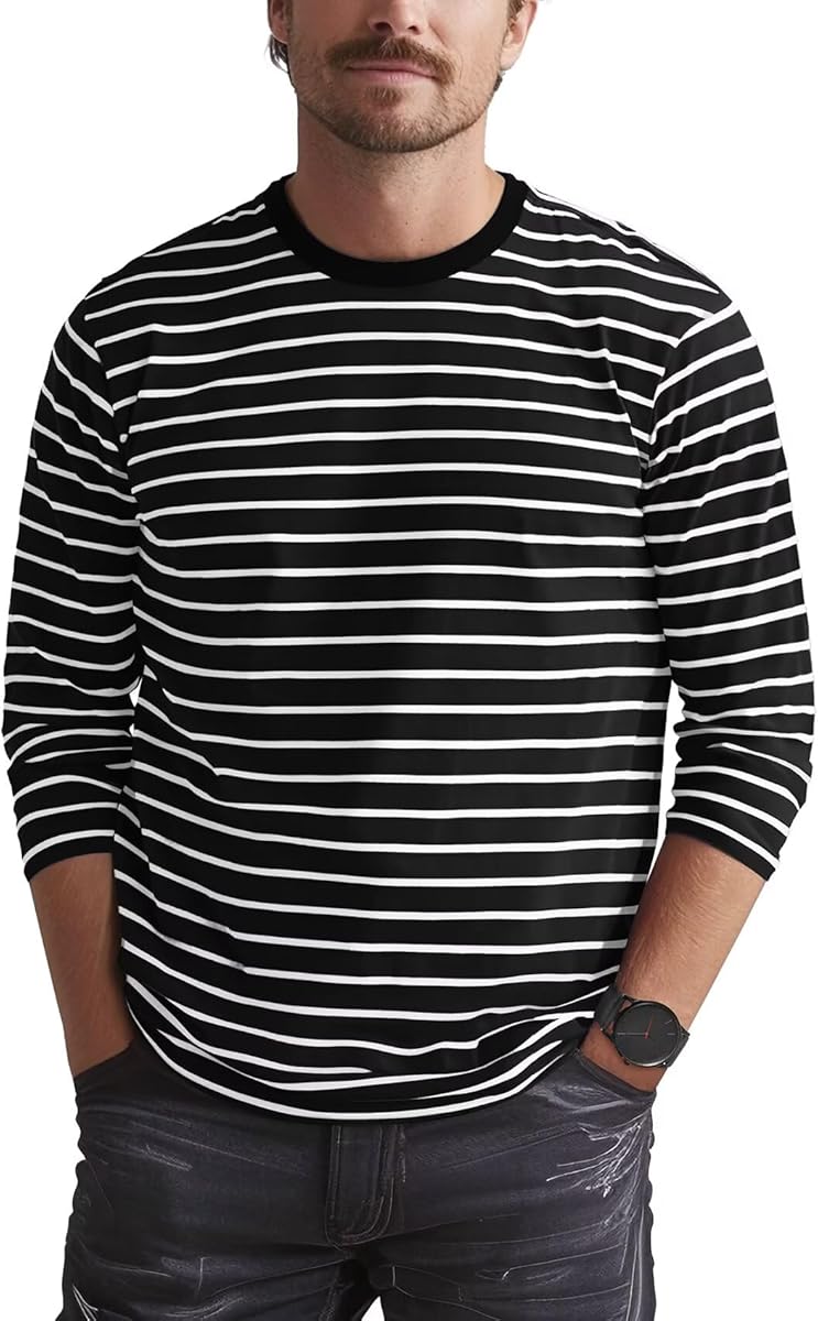 Zengjo Men's Casual Cotton Spandex Striped Crewneck Long-Sleeve T-Shirt Basic Pullover Stripe tee Shirt