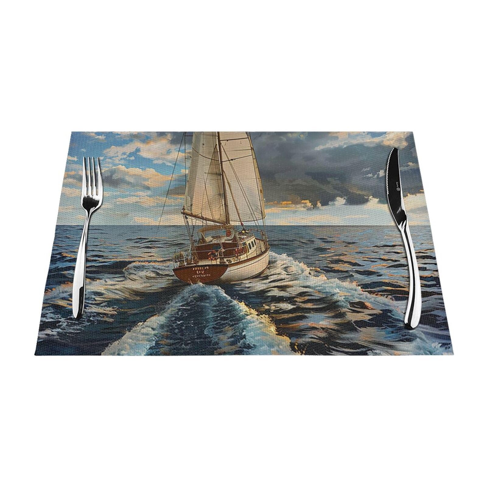 Hebsdfg Black Heat-Resistant Placemats Set Of 6 Pcs, Sailboat Printed Non-Slip Pvc Place Mat For Kitchen Dining Table Home Decor, 45X30 Cm