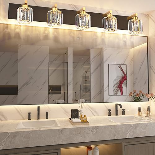 Miniatura 6 de Aipsun Lámpara de tocador de baño de cristal, accesorios de iluminación negra, 5 luces, luz de tocador de cristal para baño (excluye bombilla)