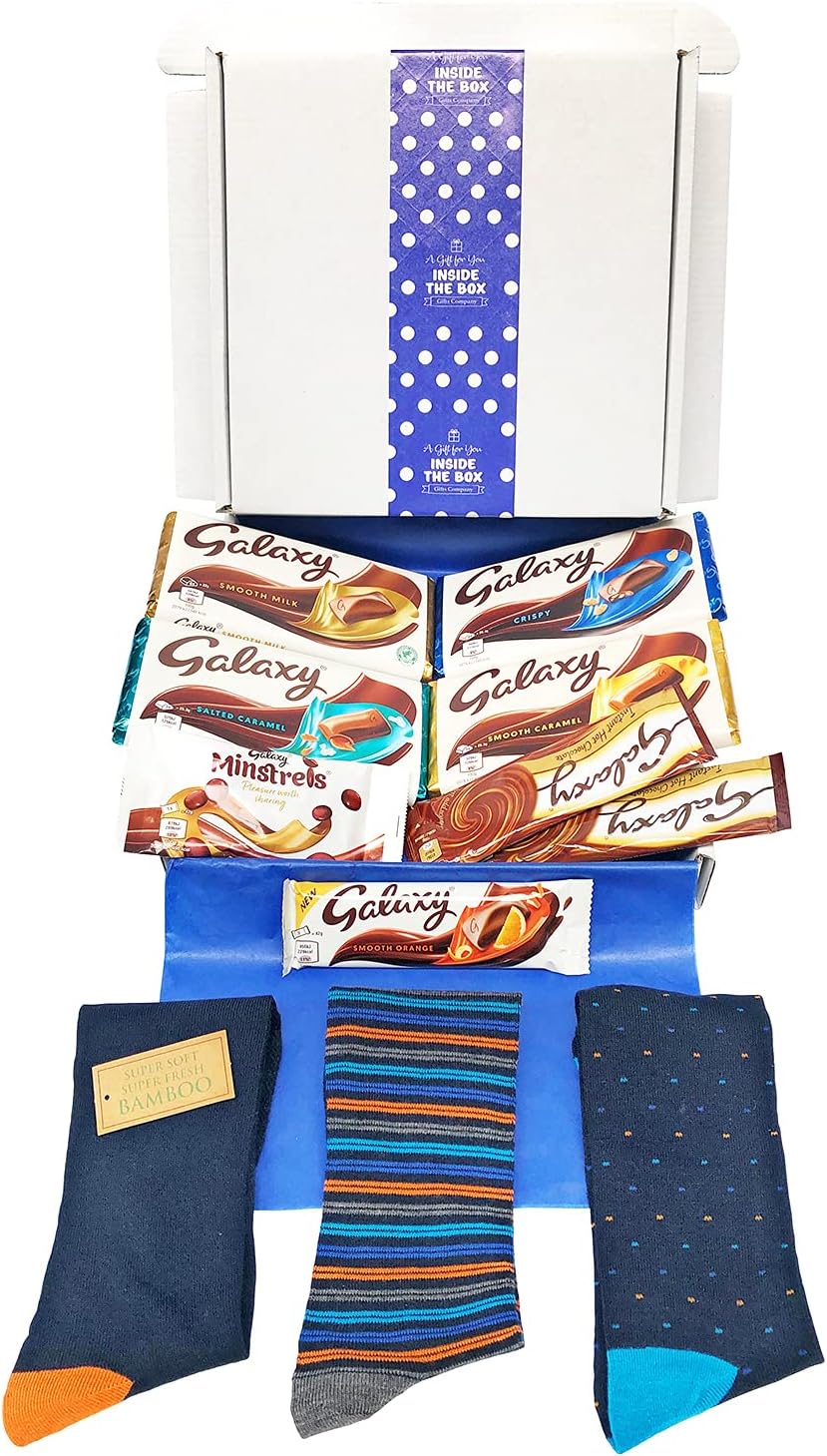 Galaxy Chocolate Gift Hamper Chocolate and Bamboo Socks Box (Gift for Men Blue Polka Dot)