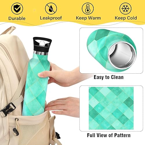 Miniatura 4 de Kids Water Bottle with Straw for School Leakproof Sports Water Bottle for Boys Girls 20oz, BPA-Free, Turquoise Aqua Diamond Tiles