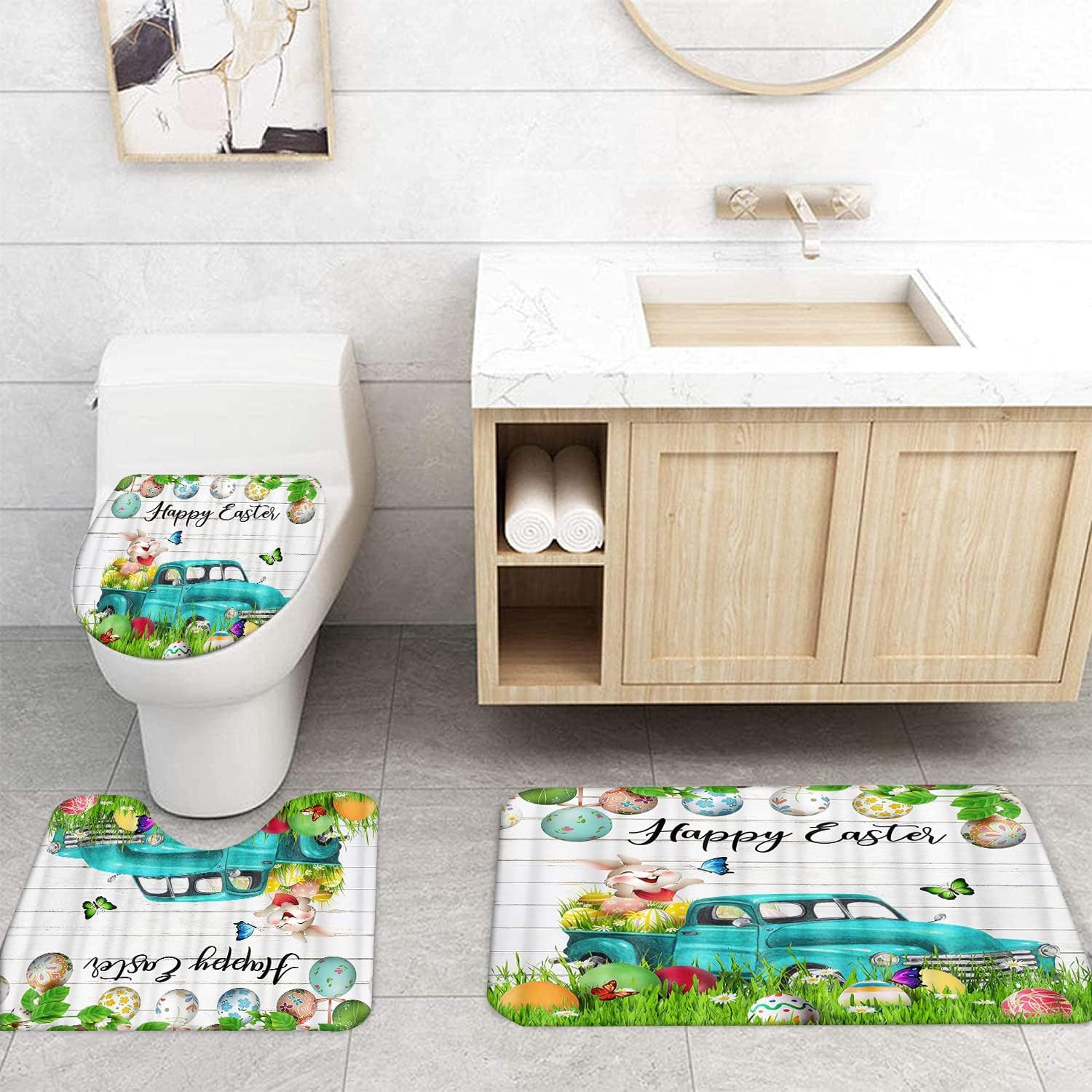 NEWSUYAA Easter Day Shower Curtain with Bath Rugs Rustic Bathroom Sets, 4 Piece Cartoon Funny Rabbit Tail Easter Eggs Toilet Lid Cover Mat and Hooks,71 Inch Long Happy Easter Bathtub Decor (Green)