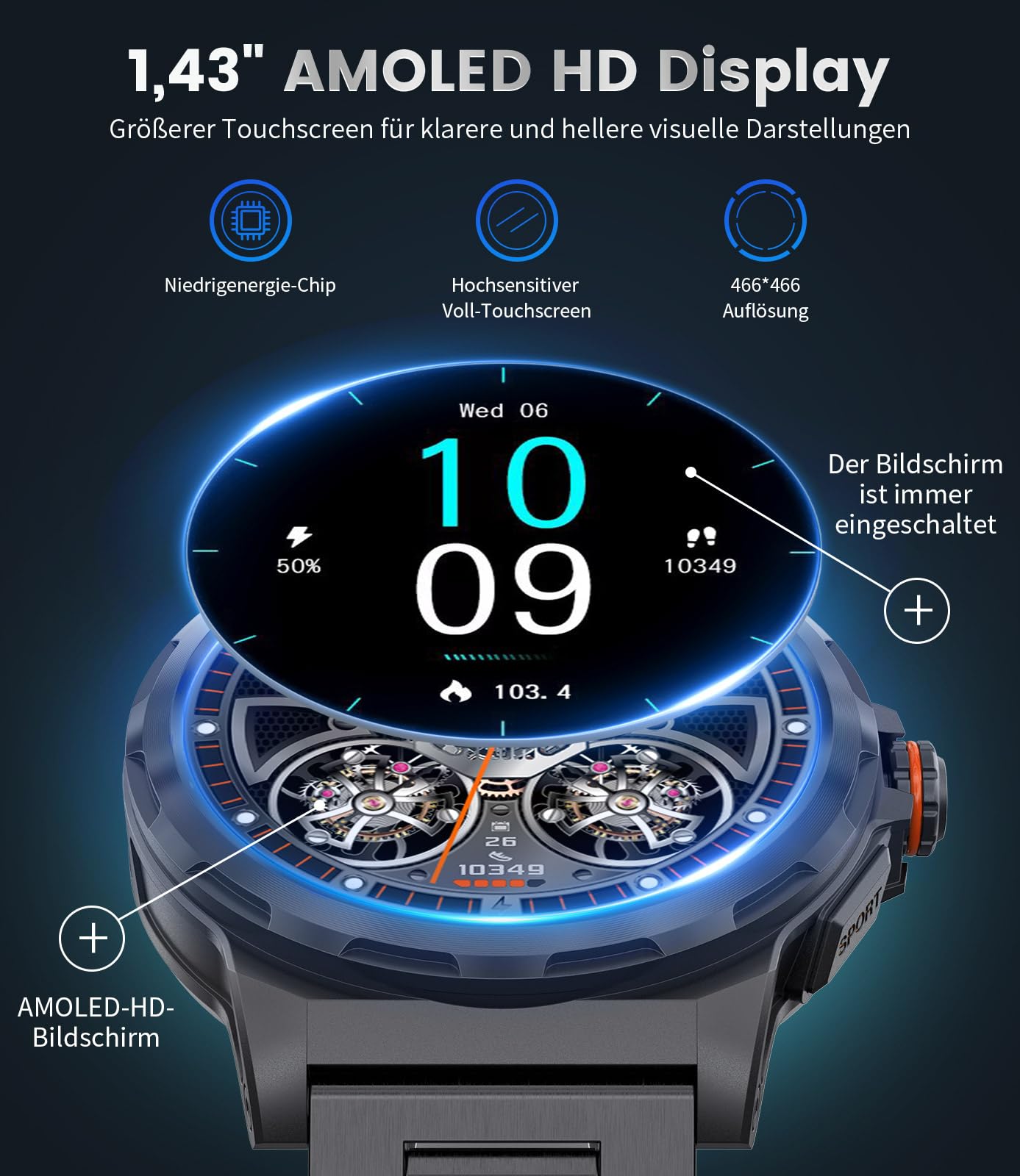 LIGE Smartwatch Herren 1,43" AMOLED, 360mAh Bluetooth, IP68, 120+ Sport | HD AMOLED Display, 360mAh Langer Akku, Freisprechen und Nachrichten, Spo2/Herzfrequenz/Schlafüberwachung, für iOS/Android