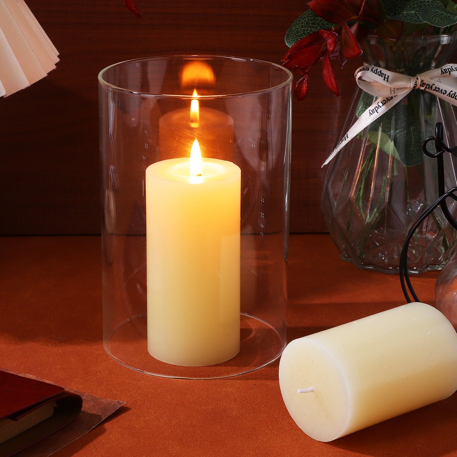 Portacandele a Cilindro in Vetro Trasparente 2 Pezzi 10x15 Cm, Paralumi Antivento per Candele a Colonna, Copricandele Decorativi per Uso Domestico e Arredamento Casa