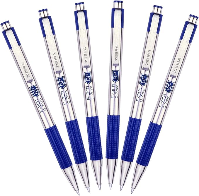 Zebra F301 Stainless Steel Retractable Ballpoint Pen, 0.7mm, Blue