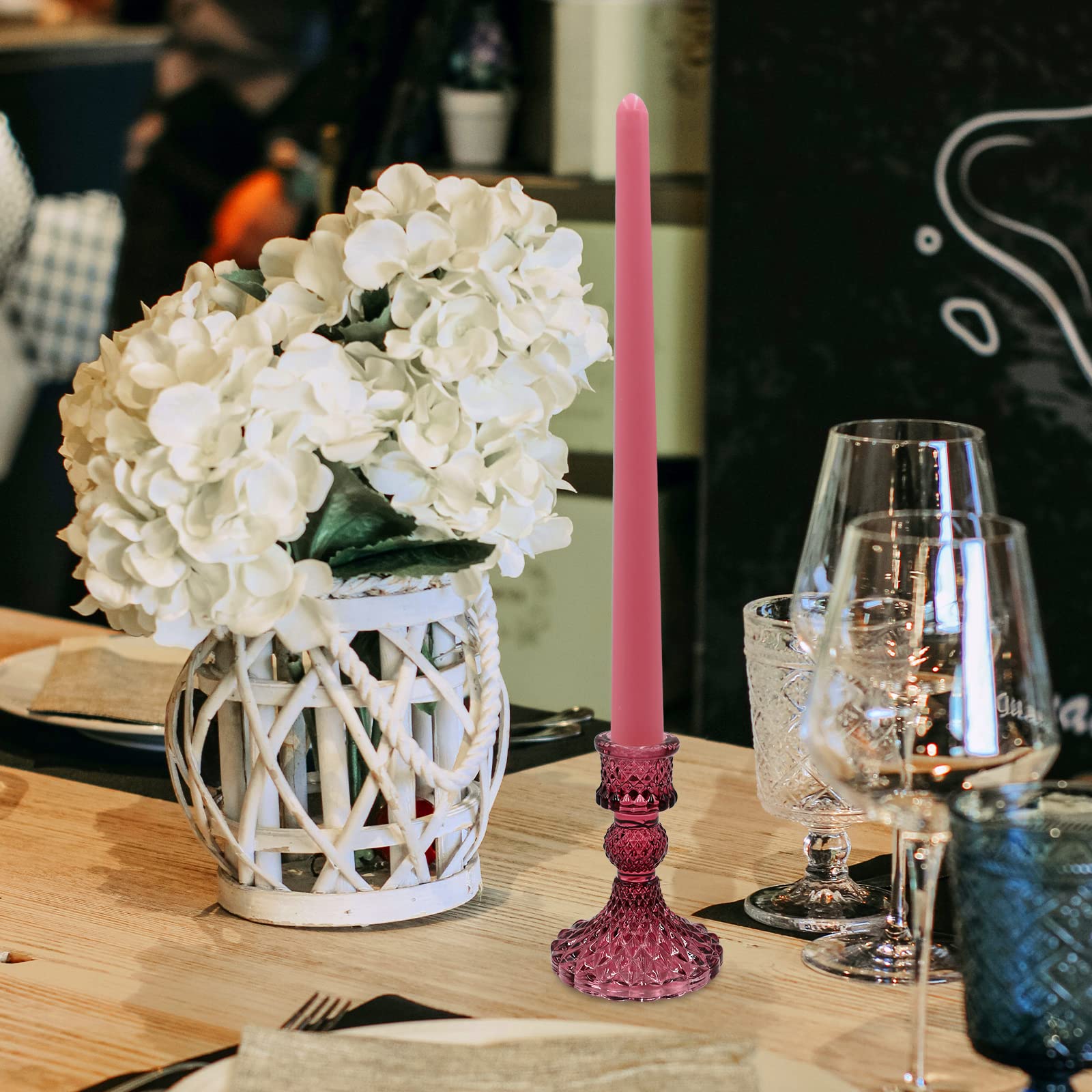 Showin Glass Candlestick Holders Set of 6, Purple Crystal Taper Candle Holders for Table Centerpiece, Home Decorations, Valentine Day, Wedding and Party