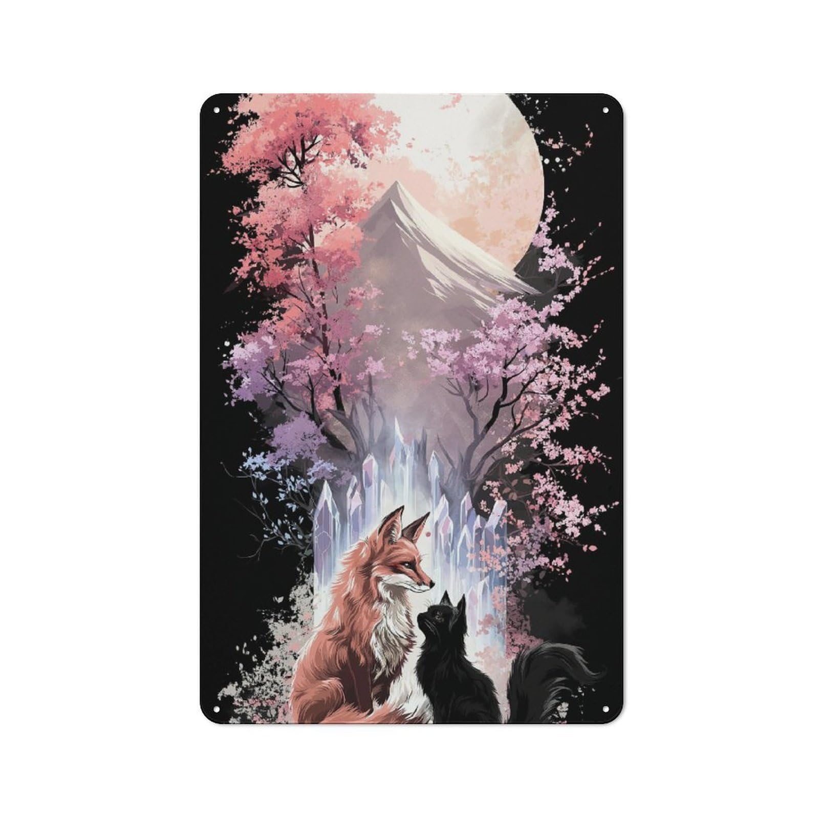 Junmoney Moonlit Fox And Cat Retro Metal Plaque 30X20cm For Lounge Or Reading Corner, Winter Wall Decor For Reading Corner Decorators