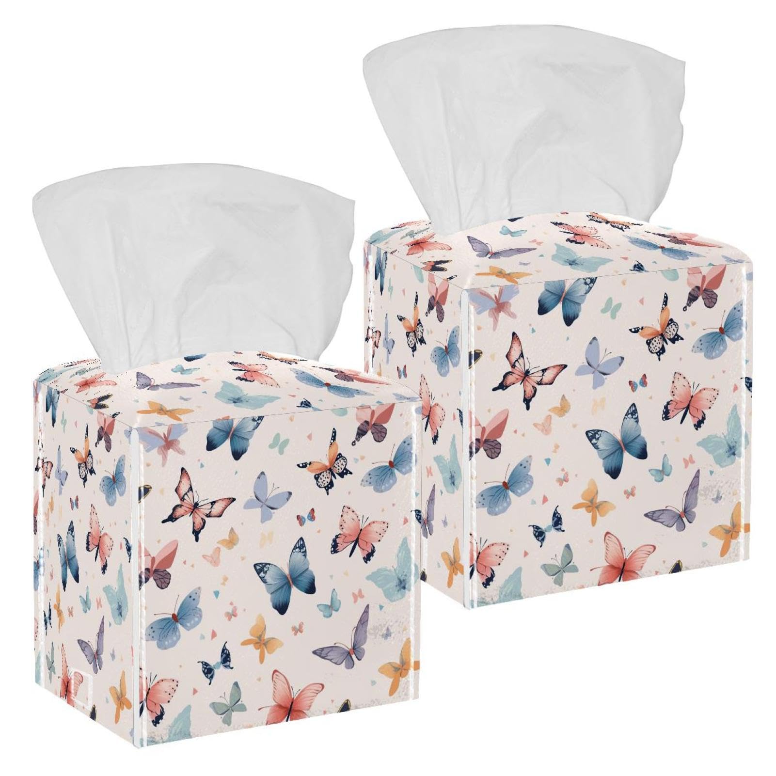 Aesthetic Butterfly Tissue Box Cover, 2 Pack PU Leather Square Facial Tissue Dispenser Box holder for Home Office Car