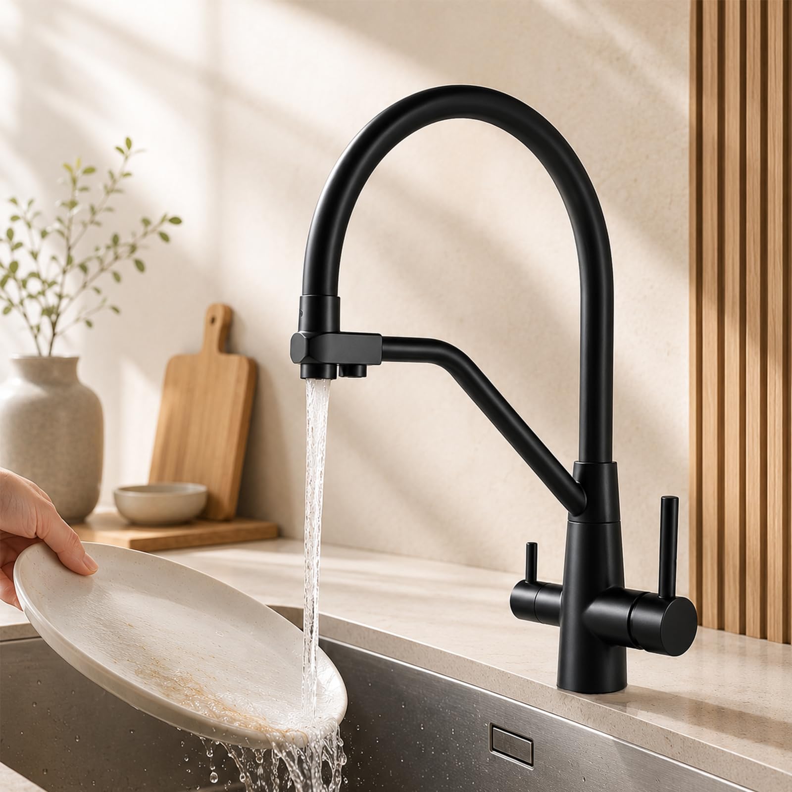 Grifo de Cocina 3 Vías Negro Satinado para Ósmosis, Agua Fría y Caliente, Latón Macizo