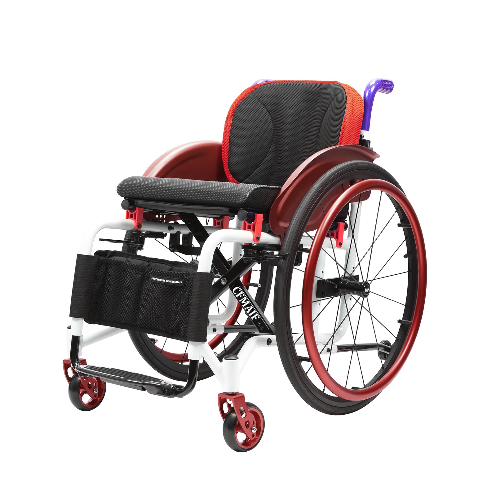 Silla de ruedas portátil autopropulsada manual, silla de ruedas plegable de aleación de aluminio ligera para adultos (tamaño: asiento de 42 cm, color: rojo)